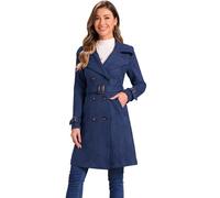 Allegra K Women's Faux Suede Notched Lapel Strap Cuff Solid Double Breasted Tie Belt Trench Coat Dark Blue S