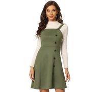 Allegra K Women's Faux Suede Pinafore Button Decor A-Line Mini Overall Dress Army Green S