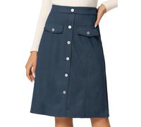 Allegra K Women's Faux Suede Skirt Knee Length Button Front High Waist Pockets Decor A-Line Skirts Dark Blue XL