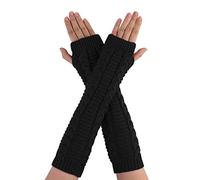 Allegra K Women's Fingerless Glove Winter Knit Thumb Elbow Length Arm Warmers, Black-twist Pattern Knitted, Flat34.5x9 cm/13.6x3.5" (L*W)