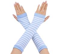 Allegra K Women's Fingerless Gloves Printed Elbow Length Knitted Arm Warmers Light Blue White One Size