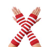 Allegra K Women's Fingerless Gloves Printed Elbow Length Knitted Arm Warmers, Red White Wide Stripes, One Size