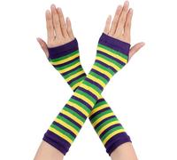 Allegra K Women's Fingerless Gloves Printed Elbow Length Knitted Arm Warmers Yellow Green Navy One Size