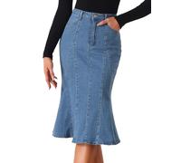 Allegra K Women's Fishtail Bodycon Skirt High Waist Midi Denim Jean Skirt Sky Blue XL