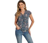 Allegra K Women's Floral Chiffon Blouse Short Sleeve Ruffled Ditsy Tops Grey Blue M