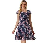 Allegra K Women's Floral Chiffon Flutter Sleeve Belted Square Neck Ruffled Hem Dress, Blue Pink, M (a23040300ux0045)