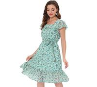 Allegra K Women's Floral Chiffon Flutter Sleeve Belted Square Neck Ruffled Hem Dress, Green, Small