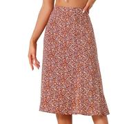 Allegra K Women's Floral Midi Skirt Peasant Elastic Waist A-Line Ditsy Leave Print Skirts, Red, M