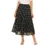 Allegra K Women's Floral Skirt Chiffon A-line Long Tiered Ruffle Boho Summer Midi Skirts, Black a, M