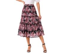 Allegra K Women's Floral Skirt Chiffon A-line Long Tiered Ruffle Boho Summer Midi Skirts, Black Pinks, S