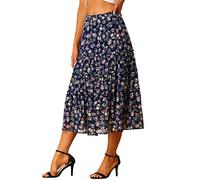 Allegra K Women's Floral Skirt Chiffon A-line Long Tiered Ruffle Boho Summer Midi Skirts, Navy Blue, M