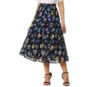 Allegra K Women's Floral Skirt Chiffon A-line Long Tiered Ruffle Boho Summer Midi Skirts, Navy, L