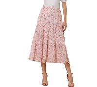 Allegra K Women's Floral Skirt Chiffon A-line Long Tiered Ruffle Boho Summer Midi Skirts, Pink, M