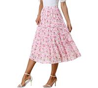 Allegra K Women's Floral Skirt Chiffon A-line Long Tiered Ruffle Boho Summer Midi Skirts, Pink Rose, XL
