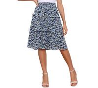 Allegra K Women's Floral Skirts Summer Chiffon Smocked Elastic Waist A-Line Below Knee Length Ruffle Tiered Skirt, Navy, XL