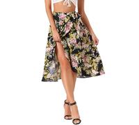 Allegra K Women's Floral Tropical Hawaiian Boho Midi Wrap Skirt Black Pink XL