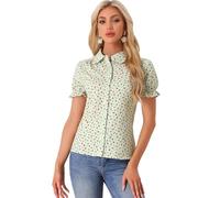 Allegra K Women's Frilled Bubble Sleeve Peter Pan Cotton Floral Top Light Green Floral S