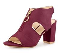 Allegra K Women's Front Zip Cut Out Chunky Heels Slingback Gladiator Heel Sandals, Burgundy, 6.5 UK