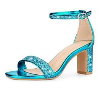 Allegra K Women's Glitter Ankle Strap Chunky Heeled Sandals Lake Blue 5 UK/Label Size 7 US
