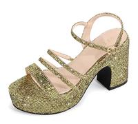 Allegra K Women's Glitter Platform Ankle Strap Chunky Heel Sandals Gold 7 UK/Label Size 9 US