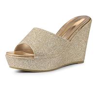 Allegra K Women's Glitter Platform Slip on Wedge Heels Sandals Gold 5 UK/Label Size 7 US