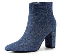 Allegra K Women's Glitter Pointed Toe Chunky Heel Ankle Boots Navy Blue 5 UK/Label Size 7 US