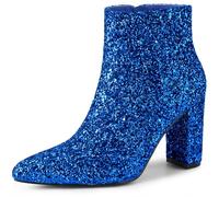 Allegra K Women's Glitter Pointed Toe Chunky Heel Ankle Boots Royal Blue 4 UK/Label Size 6 US