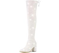 Allegra K Women's Glitter Round Toe Chunky Heel Over the Knee High Boots White 7 UK/Label Size 9 US