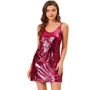 Allegra K Women's Glitter Sequin V Neck Spaghetti Strap Mini Party Dress Clubwear Wine Red L-16