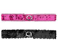 Allegra K Womens Glitter Skinny Stretchy Waist Belts Sequins Decor Slim Elastic Belts 2PCS Silver side Rose Red 64cm/25.19"