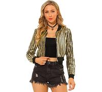 Allegra K Women's Glitter Sparkle Long Sleeve Front Zip Party Shiny Crop Bomber Sequin Jackets Gold L