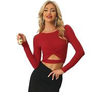 Allegra K Women's Glitter Top Twist Fitted Long Sleeve Cutout Party Cropped Sparkly Tops, Red, XL