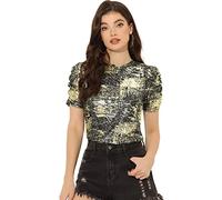 Allegra K Women's Glitter Twist Top Round Neck Puff Sleeve Stretch Casual T-Shirt Black Gold L