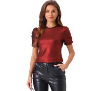 Allegra K Women's Glitter Twist Top Round Neck Puff Sleeve Stretch Casual T-Shirt Dark Red L