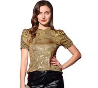 Allegra K Women's Glitter Twist Top Round Neck Puff Sleeve Stretch Casual T-Shirt Gold L