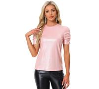 Allegra K Women's Glitter Twist Top Round Neck Puff Sleeve Stretch Casual T-Shirt Pink S