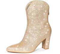 Allegra K Women's Glitter V Shape Pointy Toe Back Zipper Block Heels Mid Calf Boots Gold 5 UK/Label Size 7 US