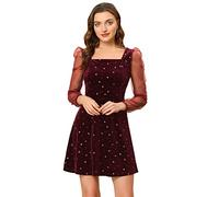 Allegra K Women's Halloween Costume Mesh Sheer Puff Long Sleeve Square Neck Glitter Star Mini Velvet Dress Red 12