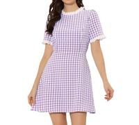 Allegra K Women's Halloween Dorothy Dress Costume Summer Ruffle Neck Lace Panel Short Sleeve Check Gingham Dress Purple XL