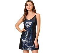 Allegra K Women's Halloween Glitter Sequin V Neck Spaghetti Strap Mini Party Dress Clubwear, Deep Blue, X-Large