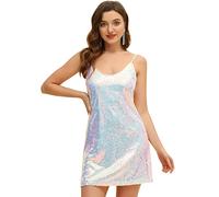 Allegra K Women's Halloween Glitter Sequin V Neck Spaghetti Strap Mini Party Dress Clubwear, White Blue, Small