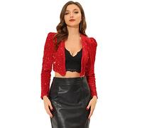 Allegra K Women's Halloween Sequin Shrug Open Front Collarless Glitter Sparkly Crop Blazer Jacket Red S