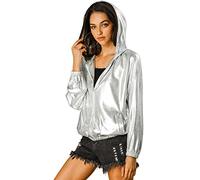 Allegra K Women's Holographic Shiny Long Sleeve Zipper Hooded Metallic Jacket Silver L