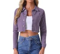 Allegra K Women's Jean Jacket Frayed Button Up Washed Cropped Denim Jacket Purple S