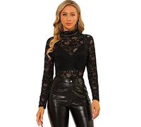 Allegra K Women's Lace Floral Embroidery Mock Turtle Neck Long Sleeve Party Slim Fit Sexy Sheer Mesh Top, Black, L