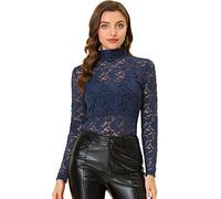 Allegra K Women's Lace Long Sleeve Top See Through Slim Fit Mock Neck Sexy Sheer Tops, Navy Blue, M