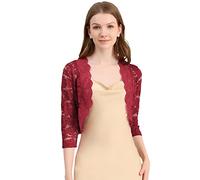 Allegra K Women's Lace Sheer Shrug Elegant 3/4 Sleeve Bolero Floral Shrug Dark Red 8