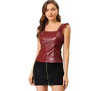 Allegra K Women's Lace Trim Party Faux Leather PU Tank Top Wine Red 20