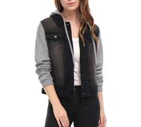 Allegra K Women's Layered Drawstring Hood Denim Jacket with Pockets Black M