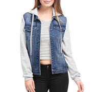 Allegra K Women's Layered Drawstring Hood Denim Jacket with Pockets Dark Blue XL